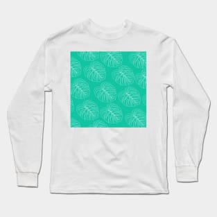 monstera tropical plant hawaii aloha print bright blue and white Long Sleeve T-Shirt